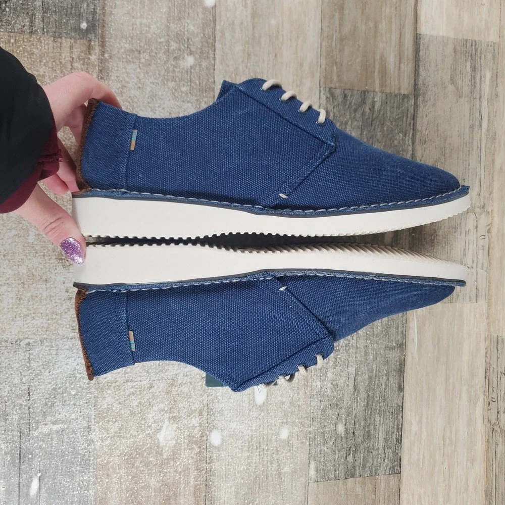 Toms Preston Mens Casual Shoes 8.5 Navy Washed Canvas Stitch Out Lace Up Sneaker